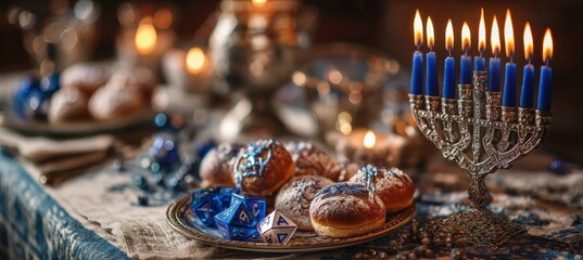 Festive Hanukkah Card Setting with Menorah, Dreidels, and Sufganiyot in Candlelight