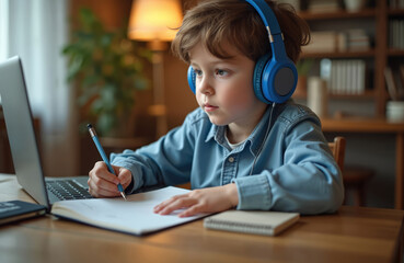 Young boy wears headphones for online class. Child studies at laptop, writes notes in book. Kid learns remotely on computer, focused on schoolwork at home.