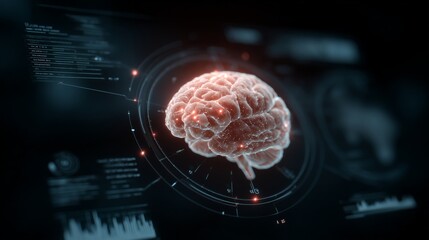 Digital representation of a brain with glowing neural connections and data overlays in a futuristic setting
