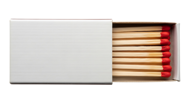 Box of matches with red tips, isolated on transparent background