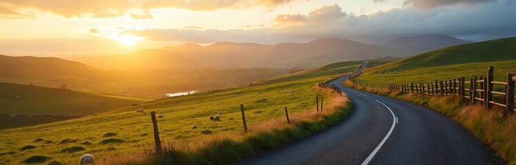 Golden sun sets over winding rural road in Scottish hills. Green pastures with grazing sheep stretch across rolling landscape. Distant mountains, serene lake appear under evening sky. Scenic travel