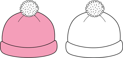 Cute winter pom pom beanie hat, warm knitted cap design, cozy fashion flat vector illustration