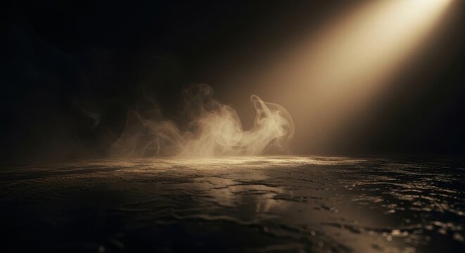Golden light mist and smoke rising from ground with dramatic atmosphere