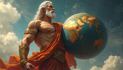 Illustration of Atlas titan holding celestial globe. Greek mythological figure carries the world on his shoulders. God of strength, power concept art in art.
