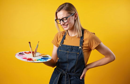 Young female artist wears apron, holds colorful palette with brushes, ready to paint. Creative woman with glasses smiles, enjoys art project in studio. Happy painter with art supplies works on canvas.