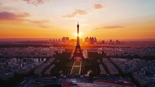 Sunset over Paris with Eiffel Tower and skyline view