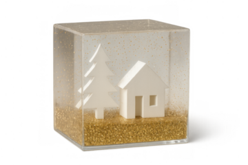 Christmas decoration in a clear cube featuring a white house, pine tree, and golden glitter for holiday season