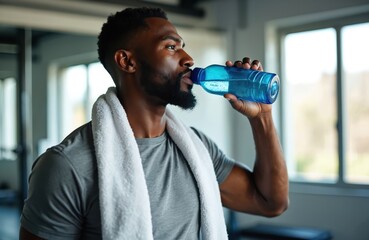 Young Black man drinks water from blue bottle. Rehydrates during gym workout break, taking pause. Healthy athlete sips refreshing drink after intense training. Male keeps body fit, strong for