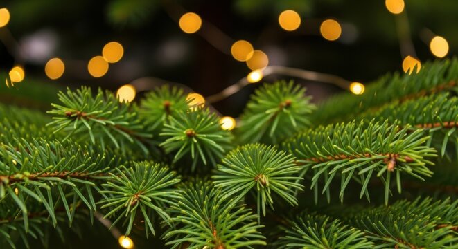Christmas tree branches with warm golden bokeh lights background