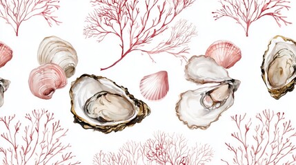 Beautiful illustration of shells and coral on a white background showcasing marine elements