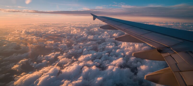 Golden Hour View from Airplane Window with Wing and Clouds - Powered by Adobe
