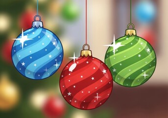 Three festive christmas ornaments hanging in front of a blurred tree
