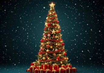 Festive christmas tree adorned with lights and gifts in snowy night