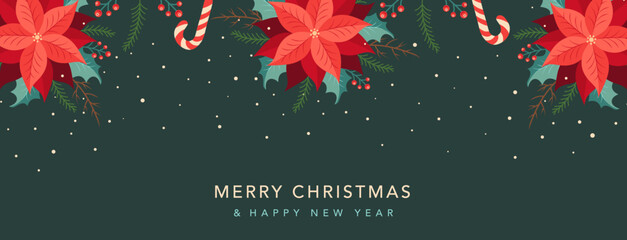 Merry Christmas banner, cover, poster, or greeting card adorned with winter plants and flowers. Features hand-drawn poinsettias, holly berries, fir branches, snowflakes, and festive typography.Vector.