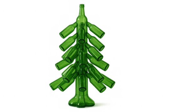 Christmas tree structure made from green glass bottles, representing sustainability, recycling, and eco-friendly holidays on transparent background