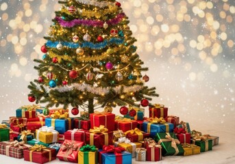 A beautifully decorated christmas tree surrounded by many colorful presents