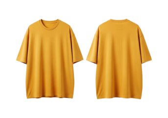 Front and back view of a plain, short-sleeved yellow t-shirt isolated on a white background, showcasing basic apparel design