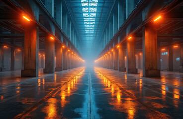 Fototapeta premium Vast industrial interior with rows of concrete pillars illuminated by orange lights. Reflective wet floor mirrors vibrant glow, creating symmetrical pathway into foggy distance. Modern manufacturing