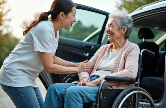 Asian caregiver assists elderly woman in wheelchair next to open car. Both women share happy smiles, enjoying pleasant conversation outdoors. Younger person offers support for senior lady, helping