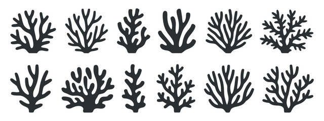 Set of decorative black silhouettes of underwater coral different shapes isolated on white background with clean composition