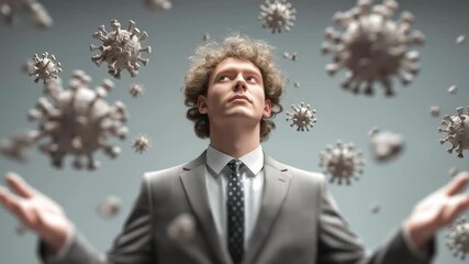 Businessman in suit surrounded by floating virus particles, symbolizing economic crisis, pandemic uncertainty, and global health impact on corporate world - Powered by Adobe