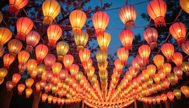 Colorful paper lanterns glow at night during asian festival. Bright lights illuminate park alley with blooming sakura trees. Beautiful traditional decoration creates festive mood for happy holiday - Powered by Adobe