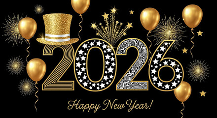 Golden 2026 new year celebration with balloons and fireworks art