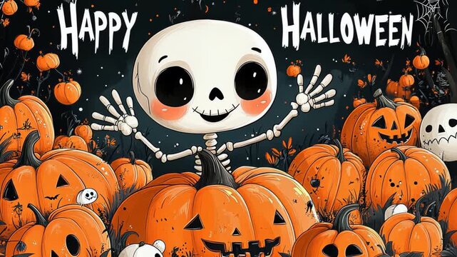 Cheerful skeleton celebrating halloween amidst smiling pumpkins in festive animation