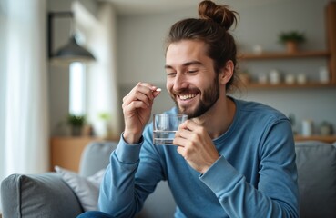 Happy man takes pill with water at home. Guy takes medication sitting on sofa. Healthcare concept of treatment. Vitamin intake for wellness. Indoor shot.