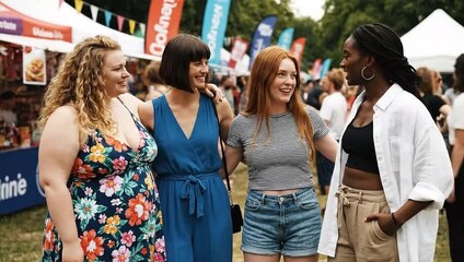 Four women laughing together at an outdoor event with tents and flags in the background on a sunny day
