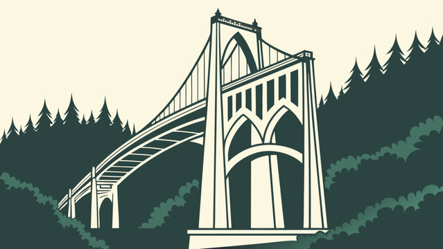 Minimalist Portland bridge vector with forest background

