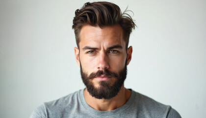 Obraz premium Handsome man portrait looks at camera. Serious male model face with beard and stylish modern haircut on white background. Brutal guy in studio.
