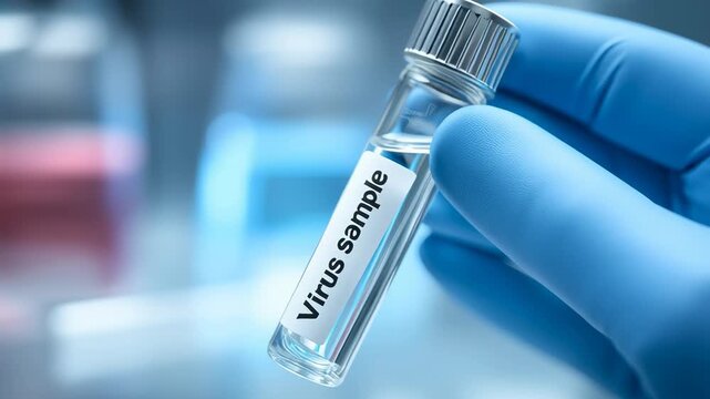 Scientist wearing blue glove holding test tube labeled virus sample in laboratory, symbolizing medical research, infection control, and biotechnology development