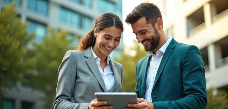 Two business people smile looking at tablet outdoor. Man, woman happy, discuss project elements, collaborate on new tech ideas. Work together, plan strategy, review data, share success on busy urban