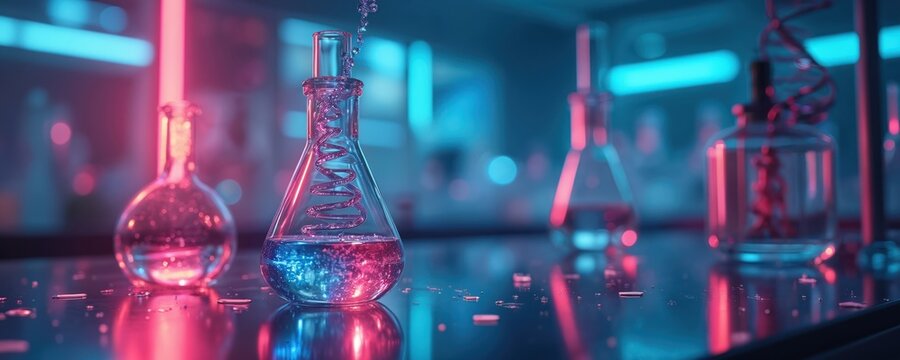 Vibrant neon lab scene shows scientific glass flasks on reflective surface. Liquids glow red, blue under bright lights. DNA helix, experimental liquid stream present modern research for biotech,