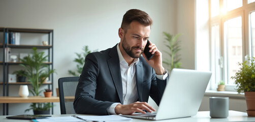 Obraz premium Young businessman works in bright modern office, talking on mobile phone. Actively types on laptop computer, managing important project. Pro man expertly consults client, efficiently handling urgent