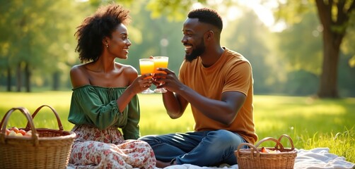 African American couple enjoys picnic outdoors. Man, woman toast with juice glasses, smiling at. Relax on blanket in green park, enjoying happy time together. Young people share romantic summer