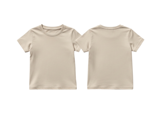 Blank beige t-shirt mockup showing front and back views. Plain crew neck tee template for clothing design isolated on a white background