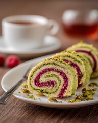 Pistachio raspberry cake roll slices on white plate