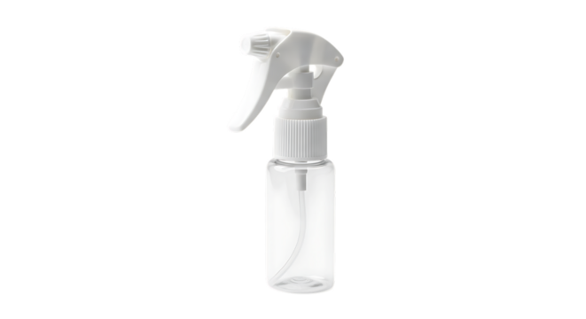 Small clear spray bottle with white trigger isolated on a transparent background
