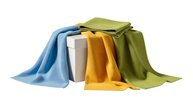Stack of Colorful Microfiber Cleaning Cloths on White Box isolated on a transparent background