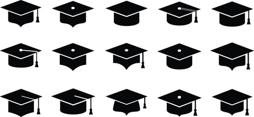 Graduation cap icon set, education success symbol, academic hat vector collection, scholar achievement graphics, university ceremony silhouette design for diploma, learning, school event