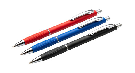 Three colored pens with chrome accents on black writing instruments isolated on a transparent background