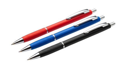 Three colored pens with chrome accents on black writing instruments isolated on a transparent background