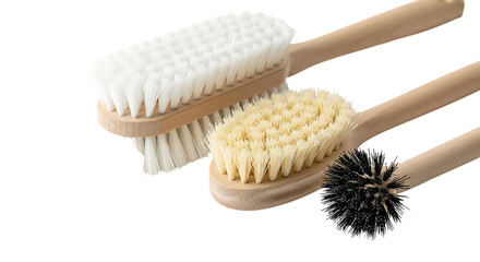Three cleaning brushes with wooden handles scrub bristles isolated on a transparent background