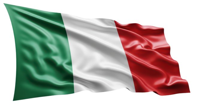 The 'Tricolore' national flag of the Italian Republic with its green, white, and red stripes, transparent PNG (इटली झंडा)
