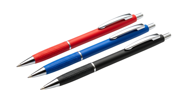 Three colored pens with chrome accents on black writing instruments isolated on a transparent background