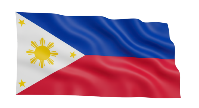 Waving flag of the Republic of the Philippines with sun and stars emblem, presented as a transparent PNG (फिलीपींस झंडा)