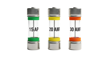 Three electrical fuses with colored bands on black background isolated on a transparent background