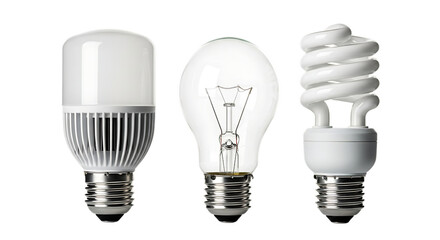 Three Different Types of Light Bulbs on Black Background isolated on a transparent background
